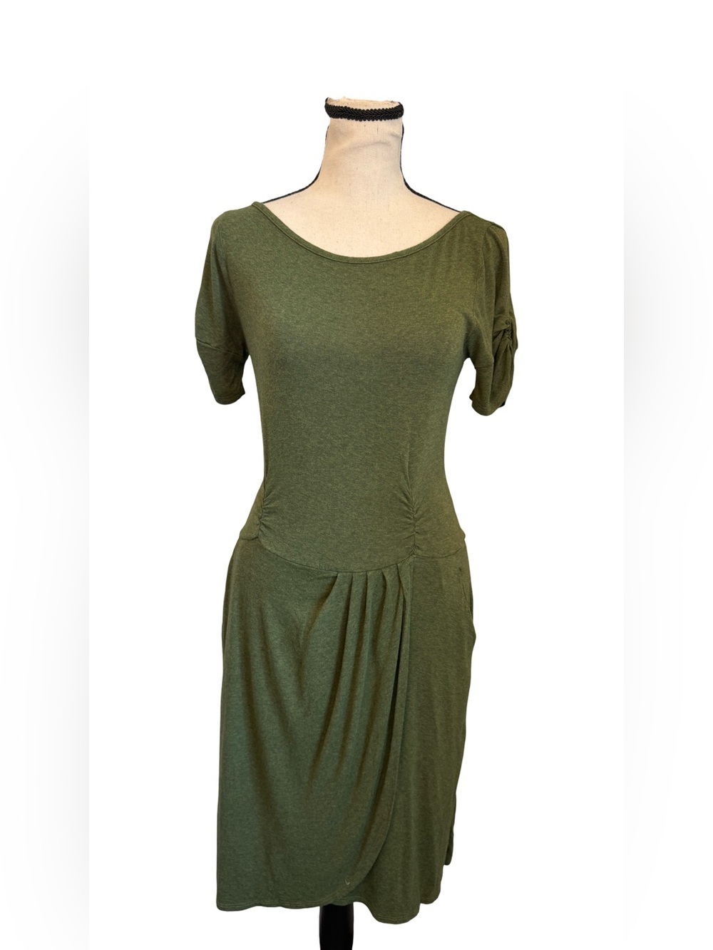 Anthropologie Weston Wear Green Knit Midi Dress Ruched Pockets Size Small